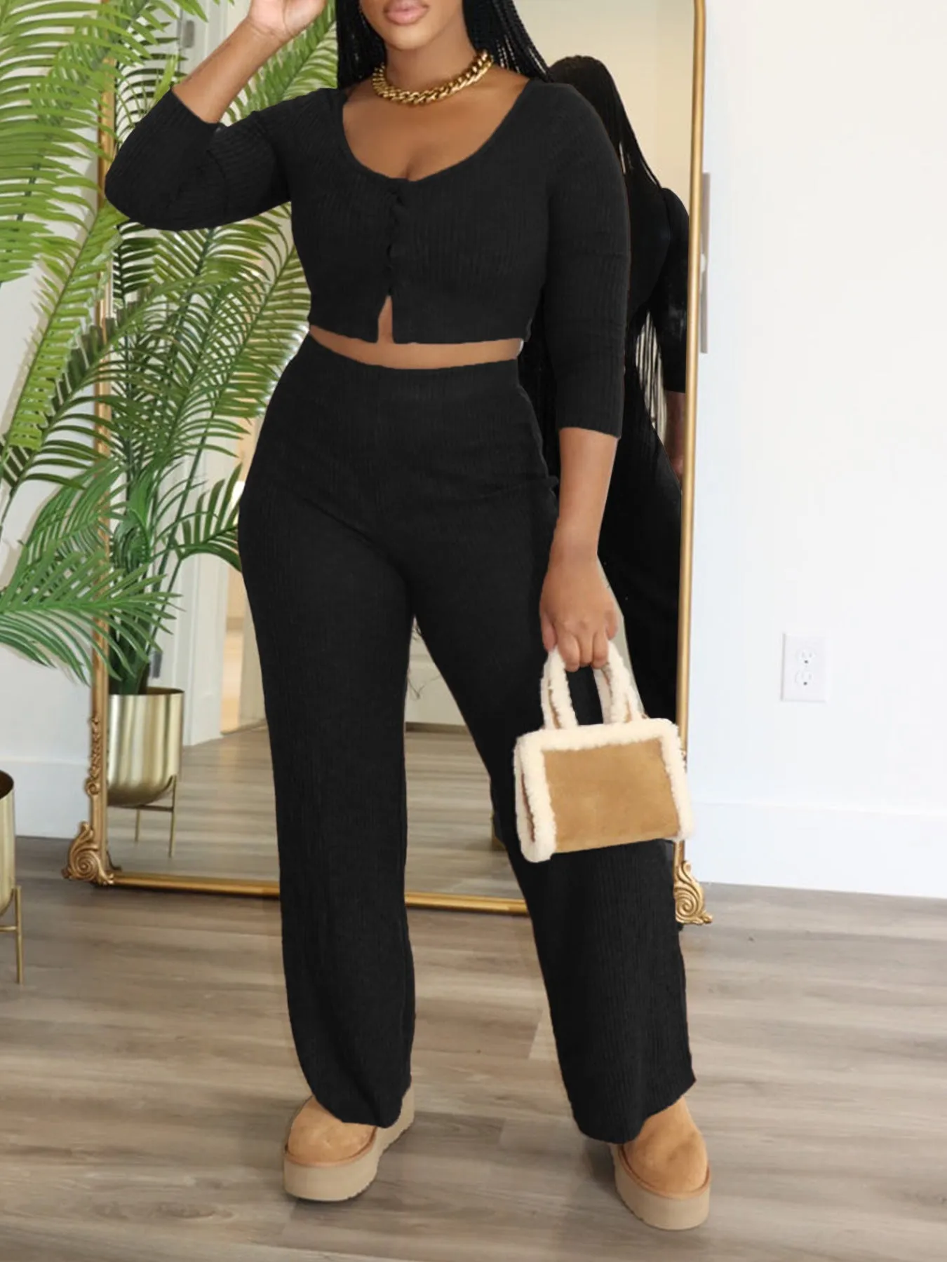 Cozy Ribbed Two-Piece Set with Long-Sleeved Top and Wide-Leg Pants