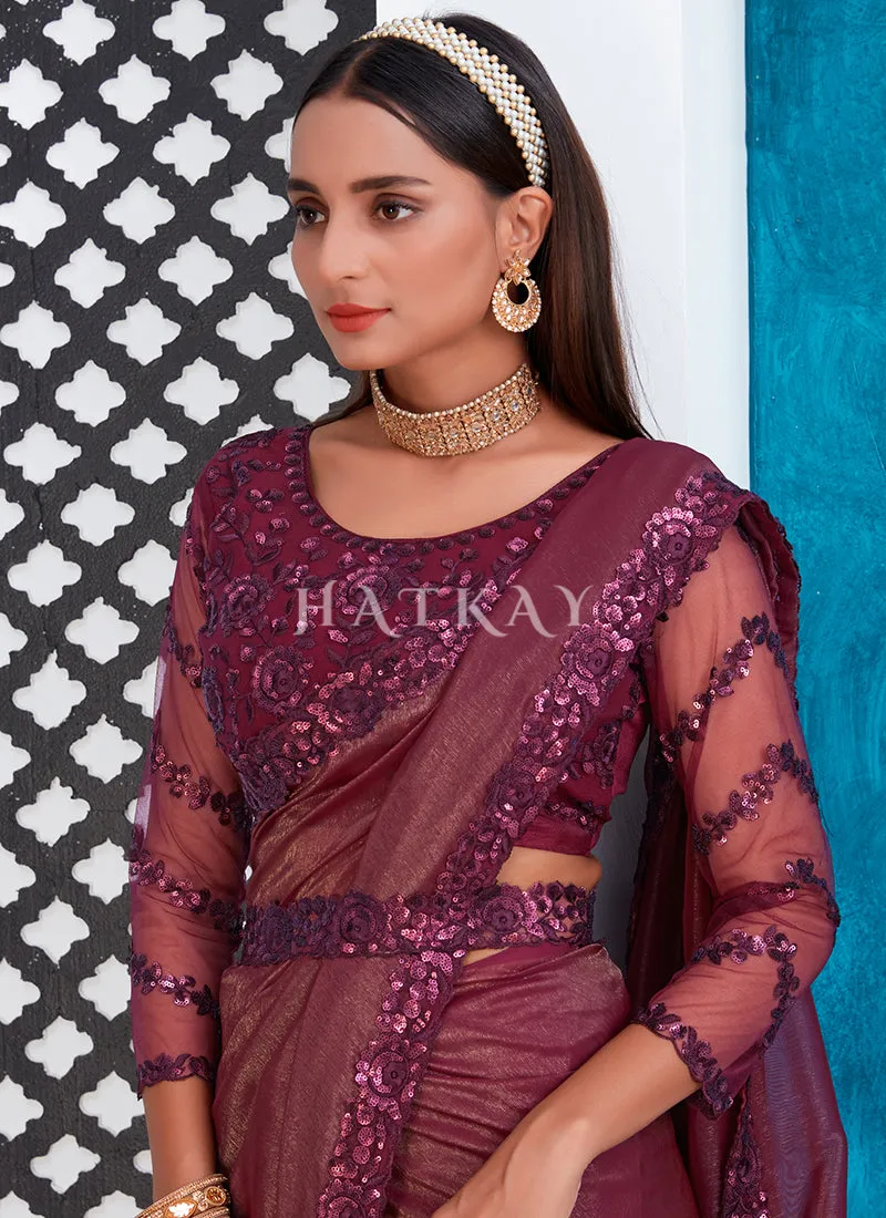 Deep Wine Sequence Embroidery Silk Saree