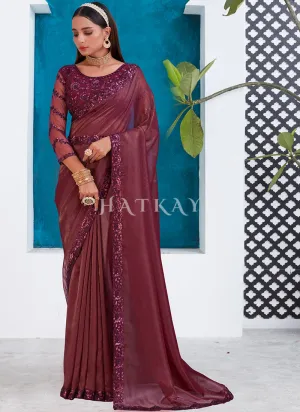 Deep Wine Sequence Embroidery Silk Saree