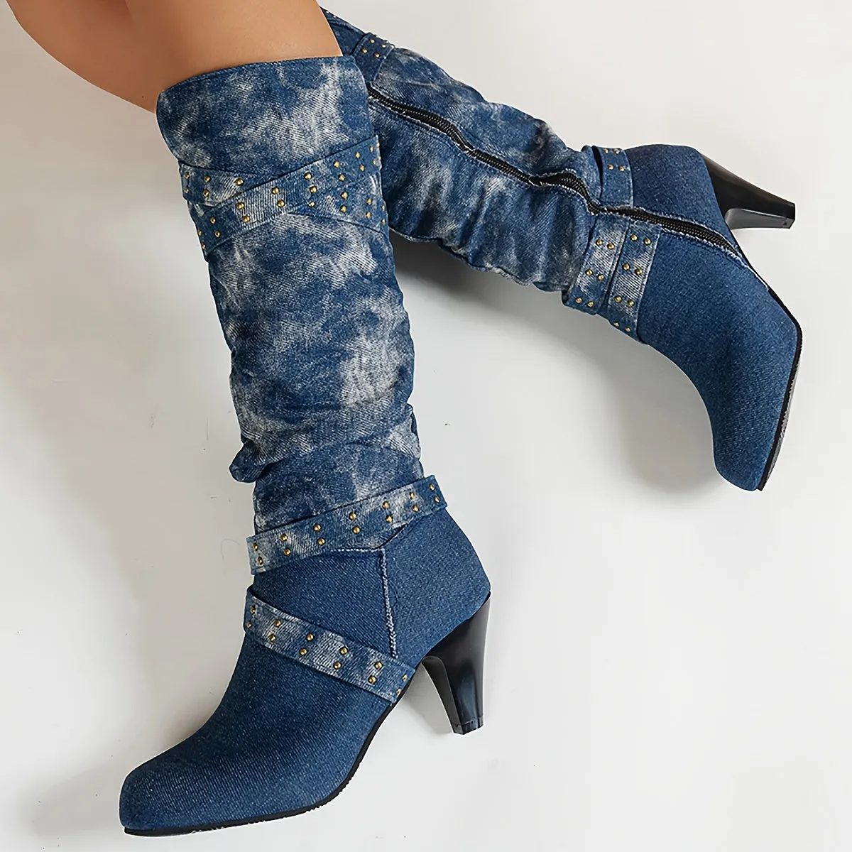 Denim Mid-Calf Boots | Studded | Vintage & Bold