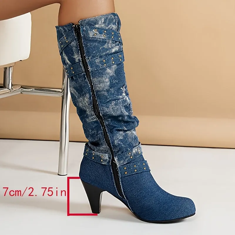 Denim Mid-Calf Boots | Studded | Vintage & Bold