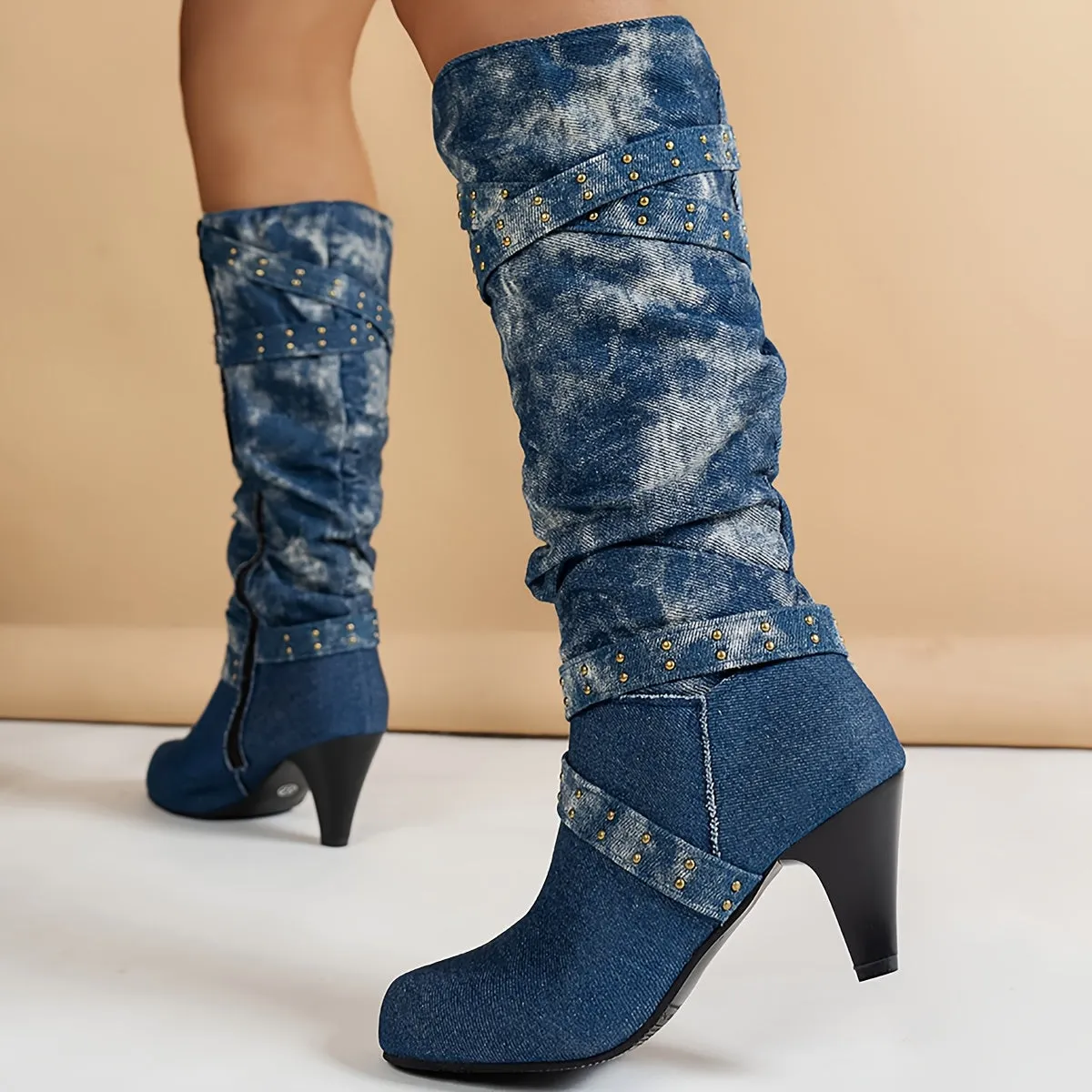 Denim Mid-Calf Boots | Studded | Vintage & Bold