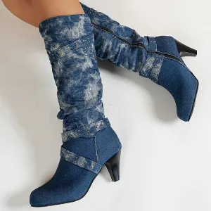 Denim Mid-Calf Boots | Studded | Vintage & Bold