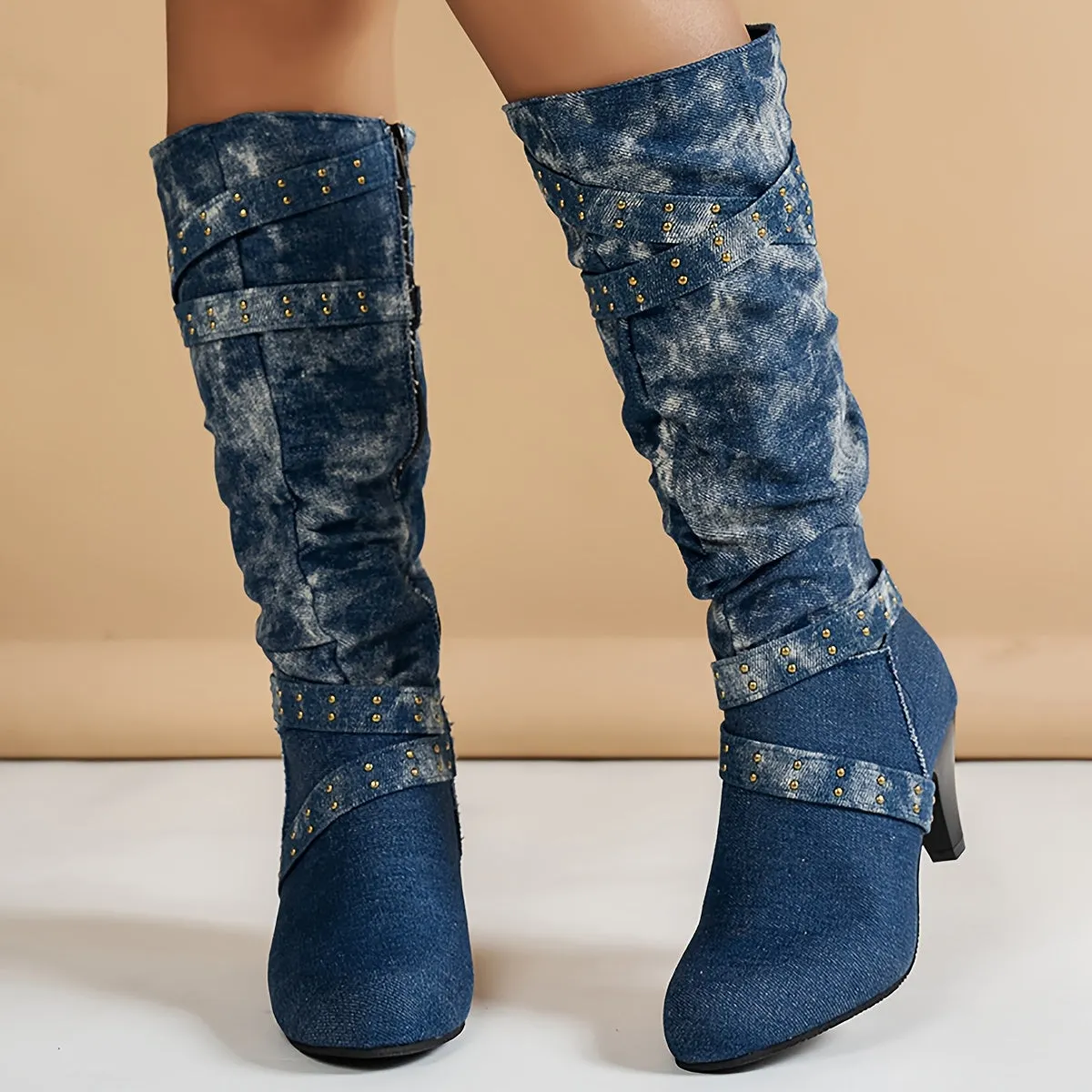 Denim Mid-Calf Boots | Studded | Vintage & Bold