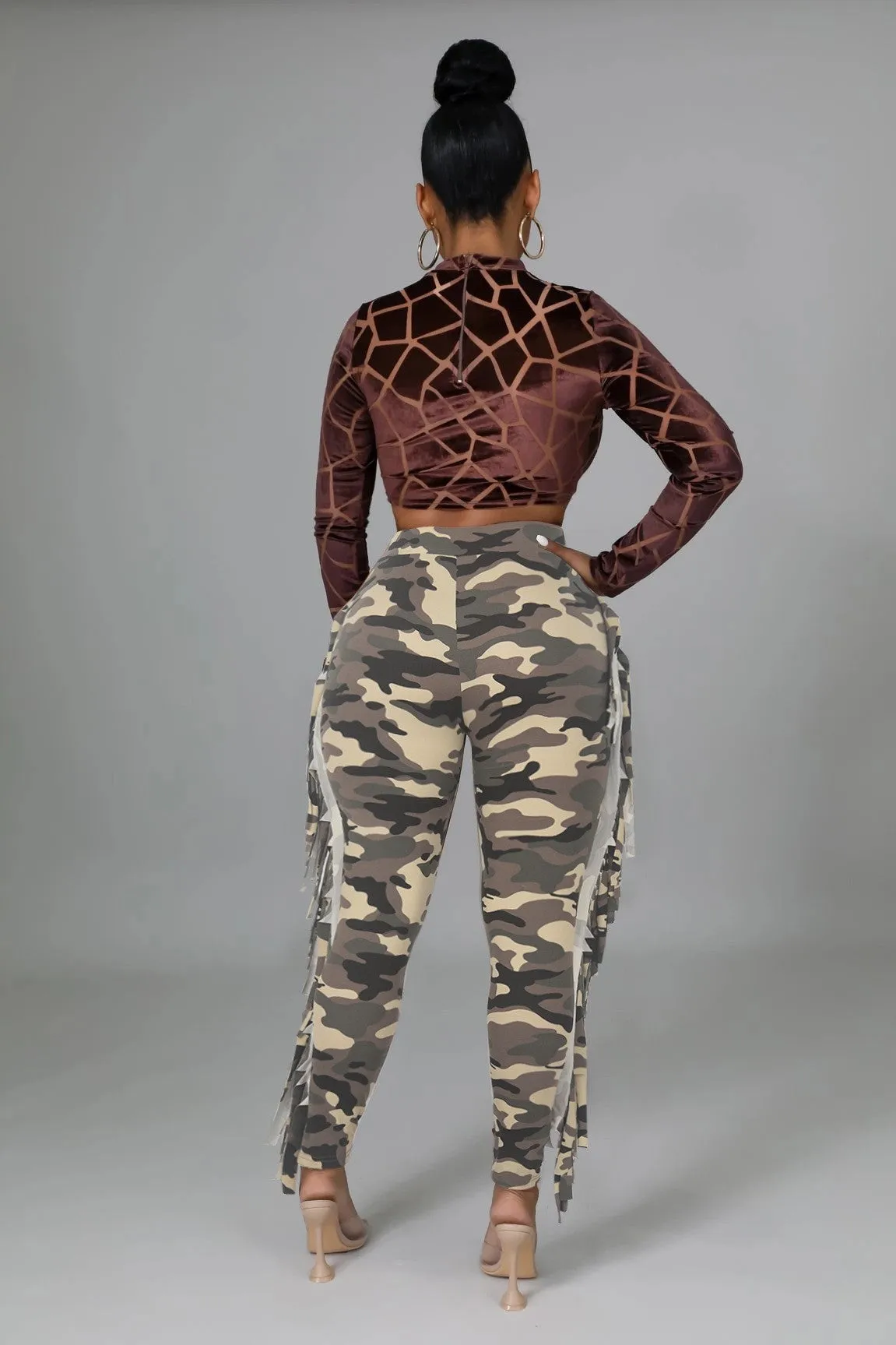 Edgy High-Waisted Camouflage Fringe Pants with Statement Tassels