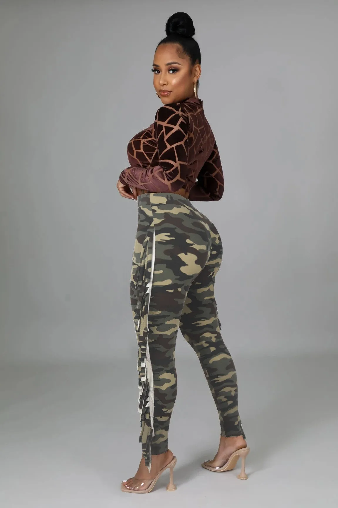 Edgy High-Waisted Camouflage Fringe Pants with Statement Tassels