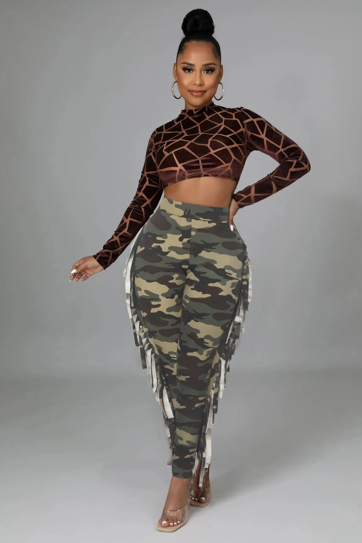 Edgy High-Waisted Camouflage Fringe Pants with Statement Tassels