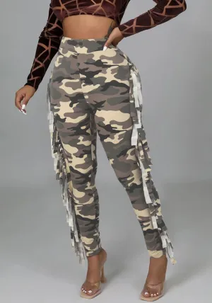 Edgy High-Waisted Camouflage Fringe Pants with Statement Tassels