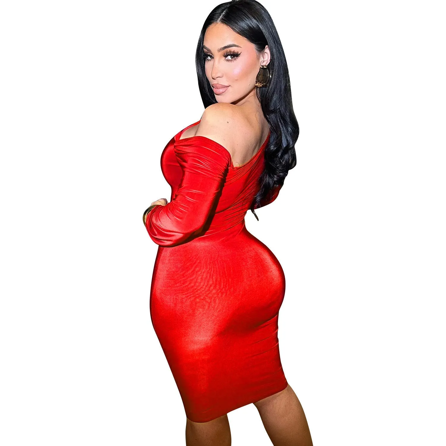 Elegant One Shoulder Bodycon Midi Dress with Dramatic Lantern Sleeve