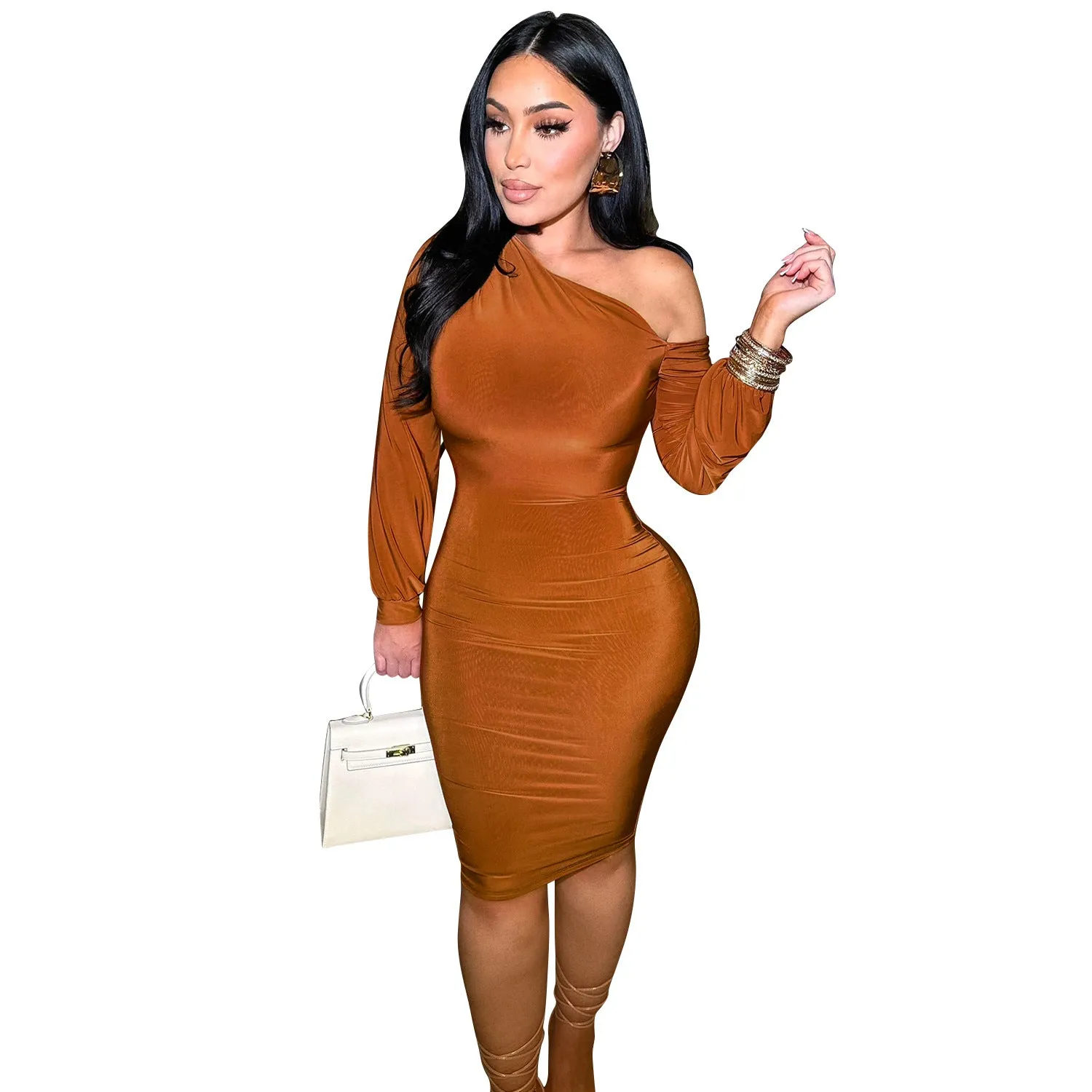 Elegant One Shoulder Bodycon Midi Dress with Dramatic Lantern Sleeve