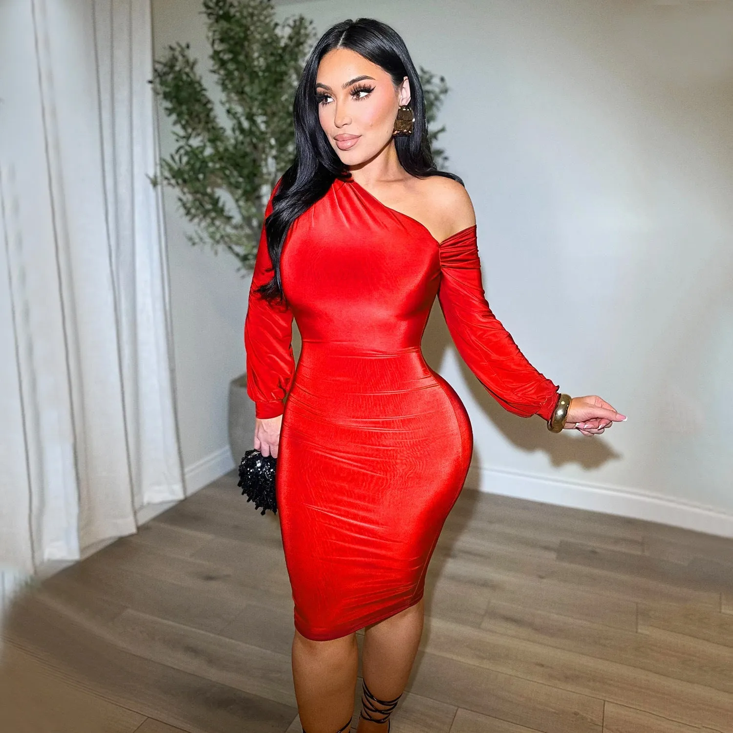 Elegant One Shoulder Bodycon Midi Dress with Dramatic Lantern Sleeve