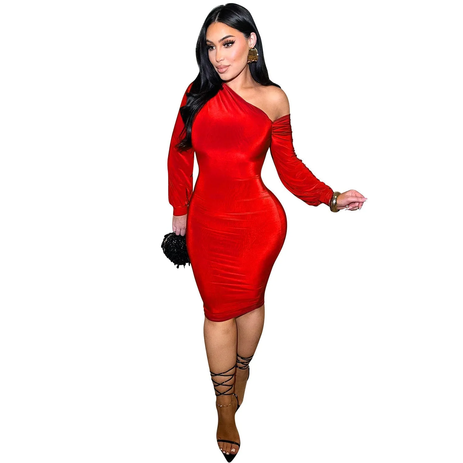 Elegant One Shoulder Bodycon Midi Dress with Dramatic Lantern Sleeve