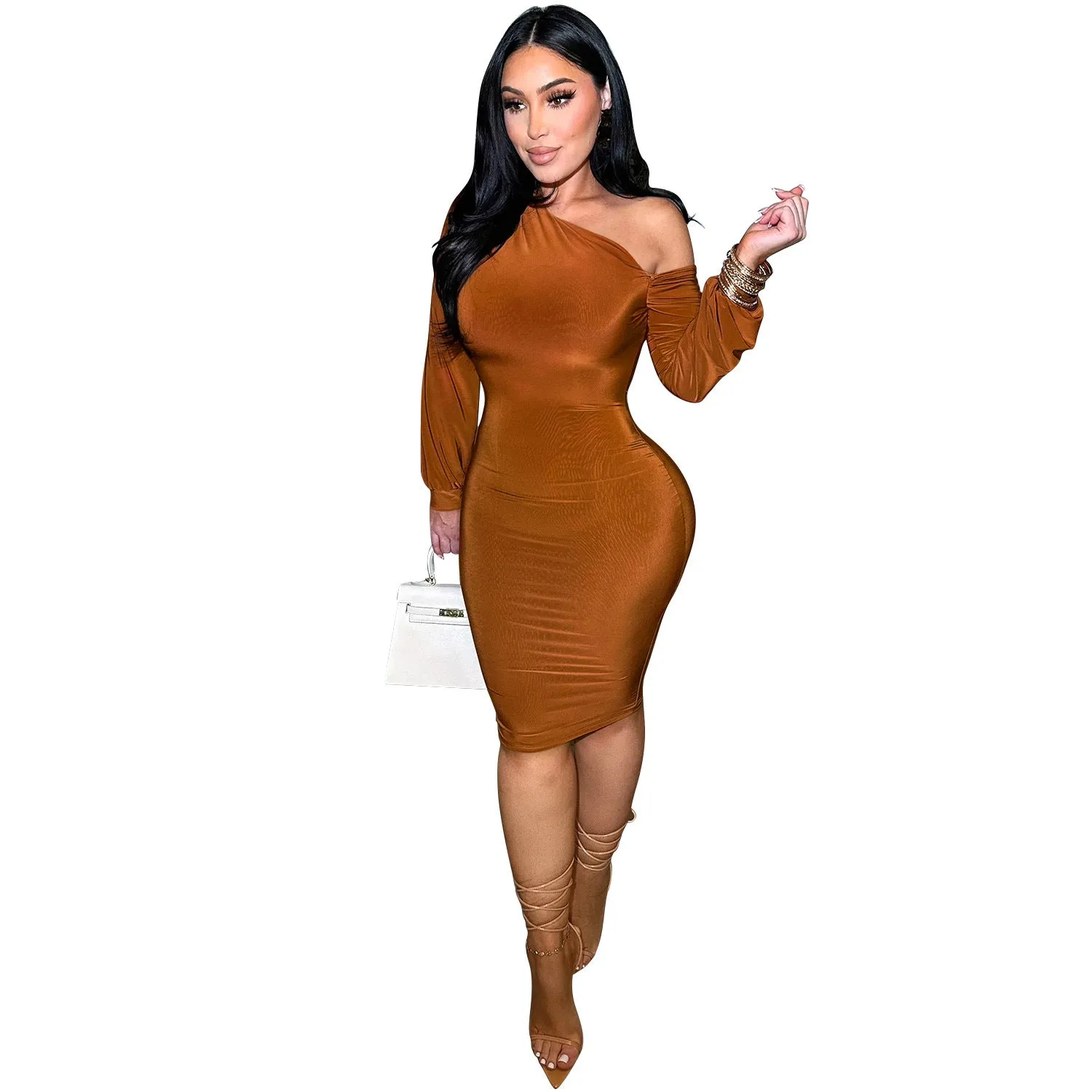 Elegant One Shoulder Bodycon Midi Dress with Dramatic Lantern Sleeve