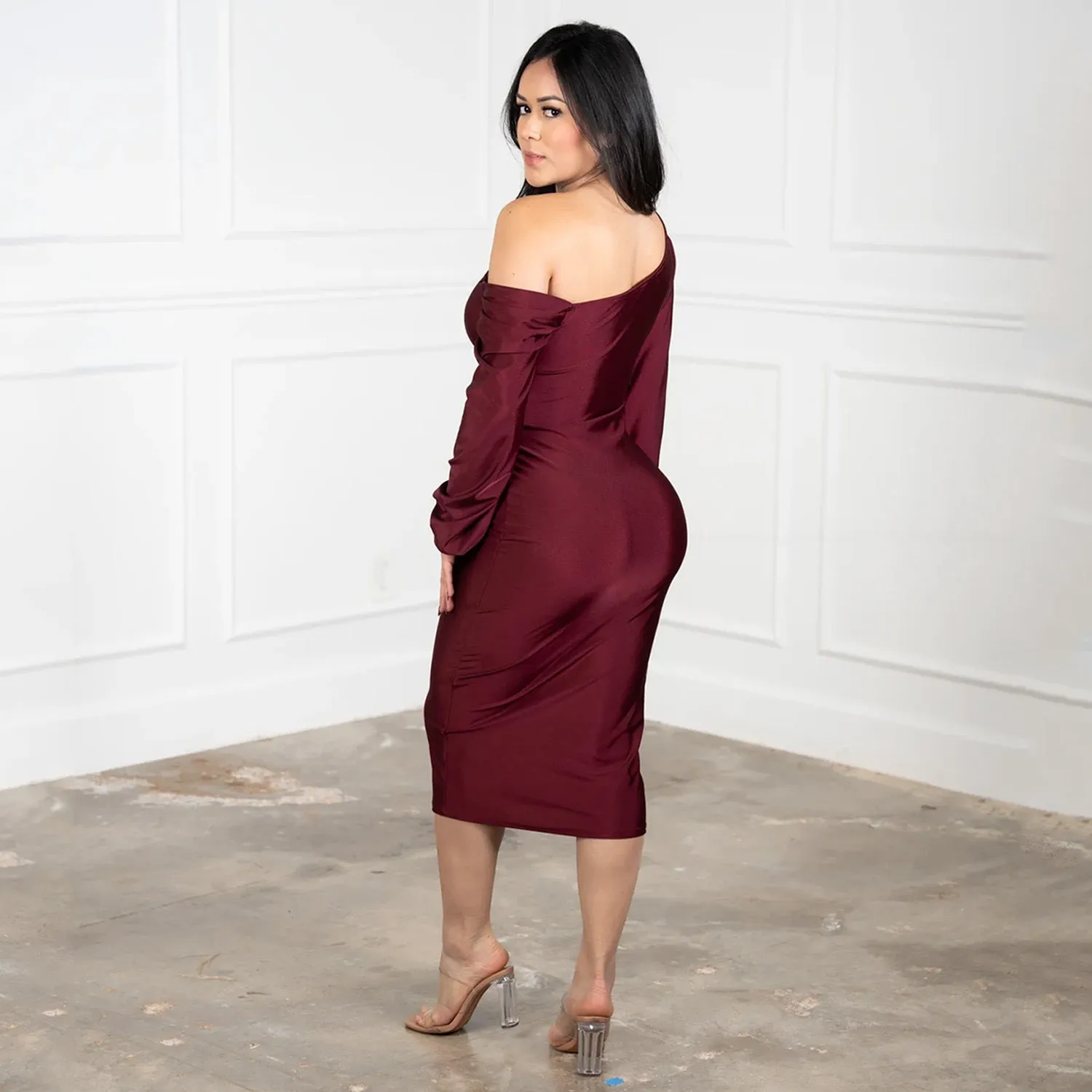 Elegant One Shoulder Bodycon Midi Dress with Dramatic Lantern Sleeve