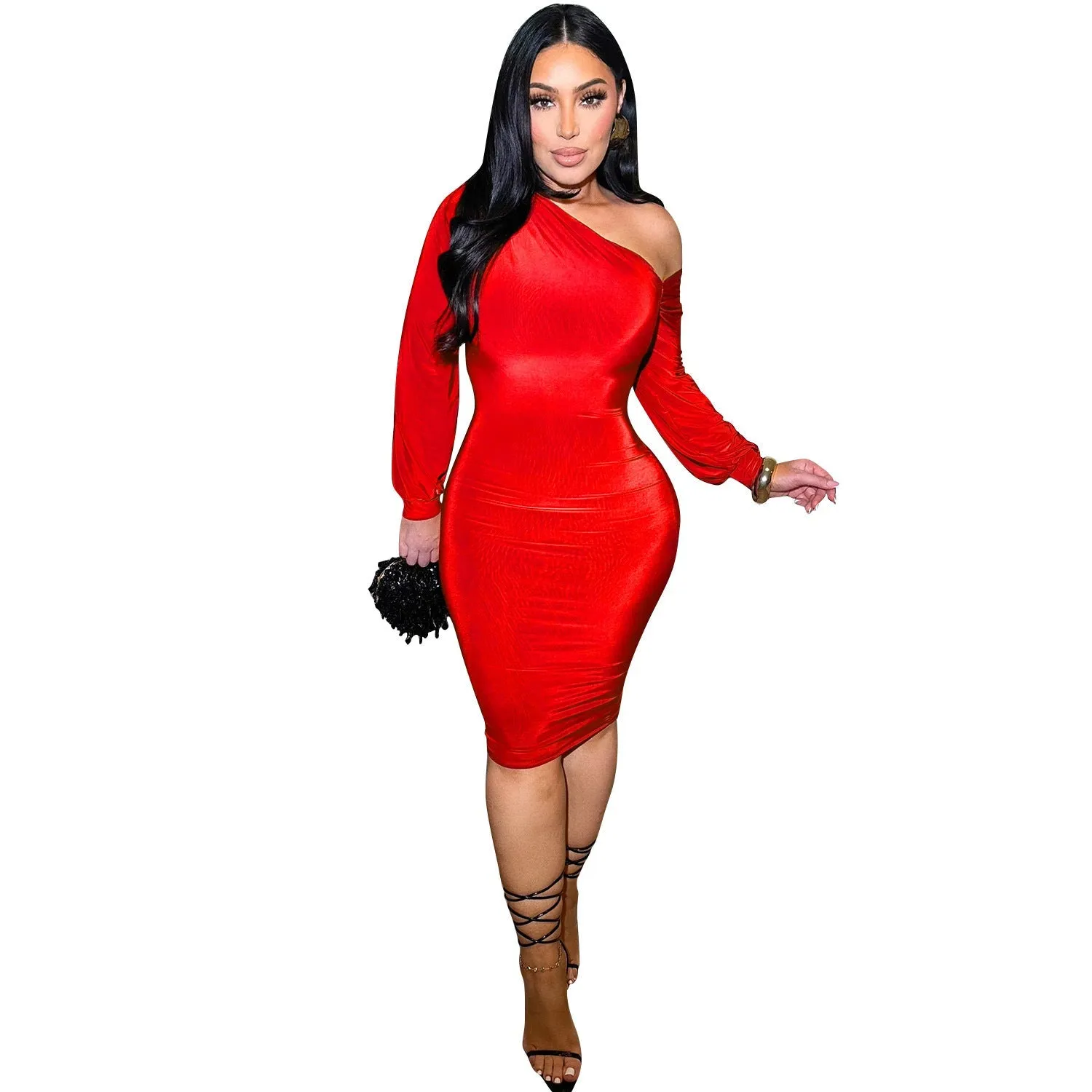 Elegant One Shoulder Bodycon Midi Dress with Dramatic Lantern Sleeve