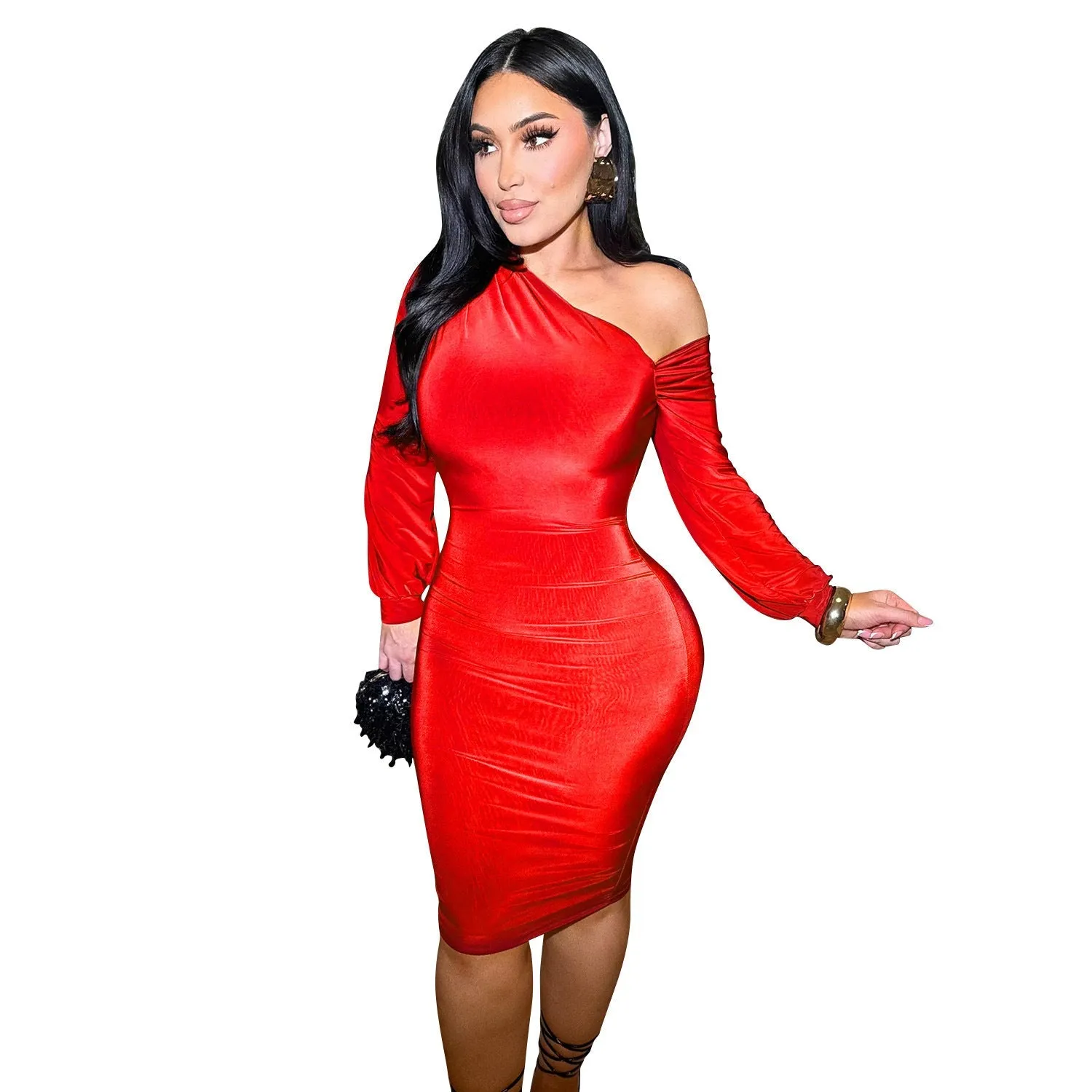 Elegant One Shoulder Bodycon Midi Dress with Dramatic Lantern Sleeve