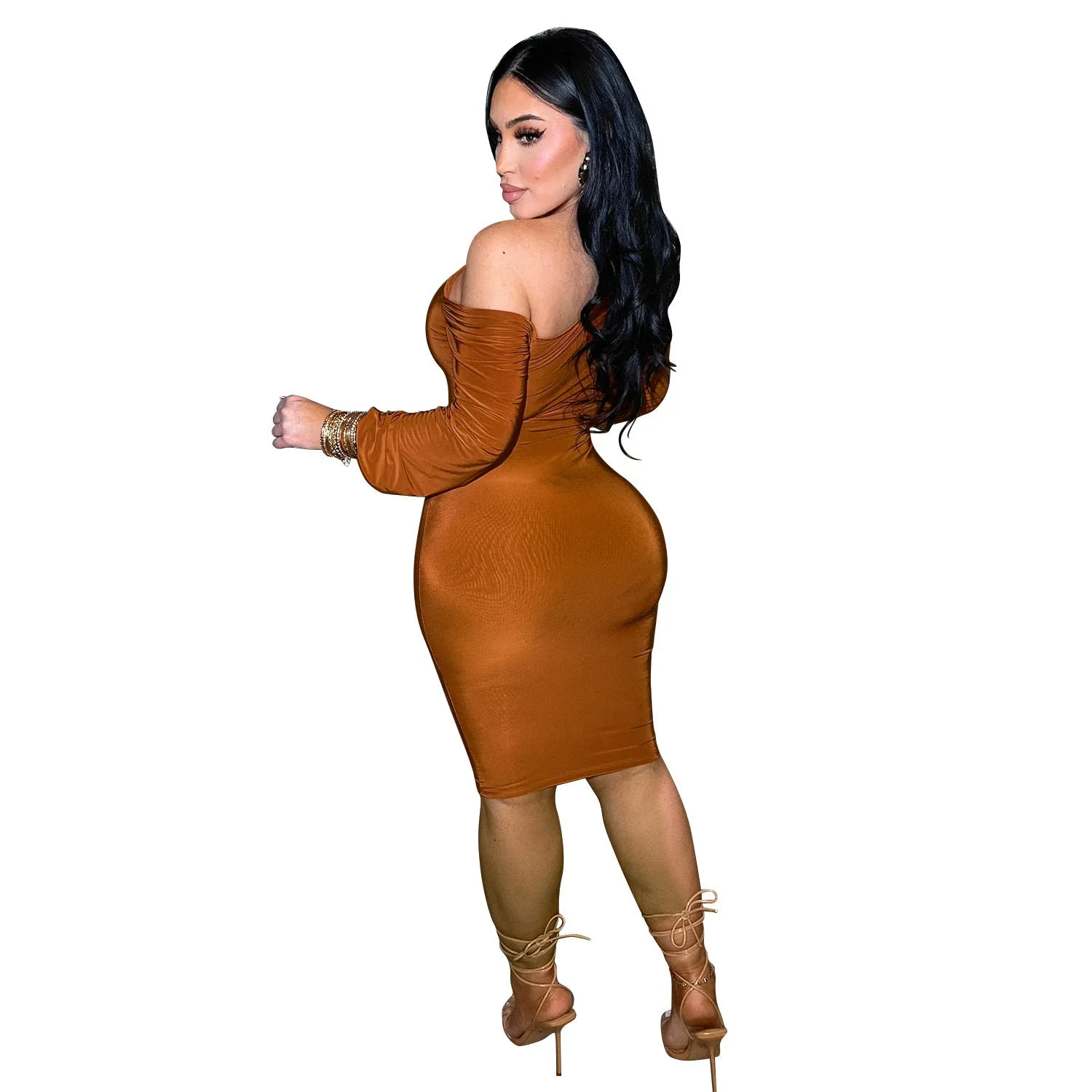 Elegant One Shoulder Bodycon Midi Dress with Dramatic Lantern Sleeve