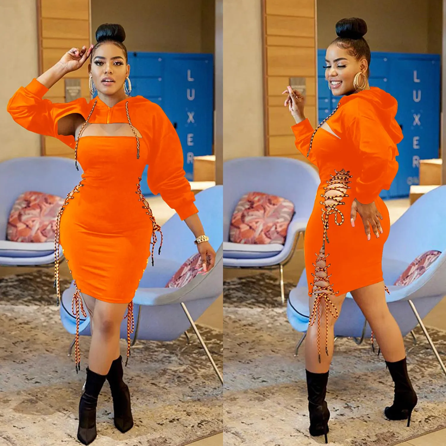 Fierce Hooded Cut-Out Bodycon Dress with Lace-Up Detailing