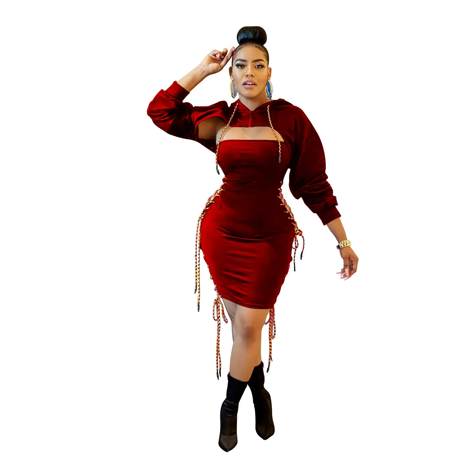 Fierce Hooded Cut-Out Bodycon Dress with Lace-Up Detailing