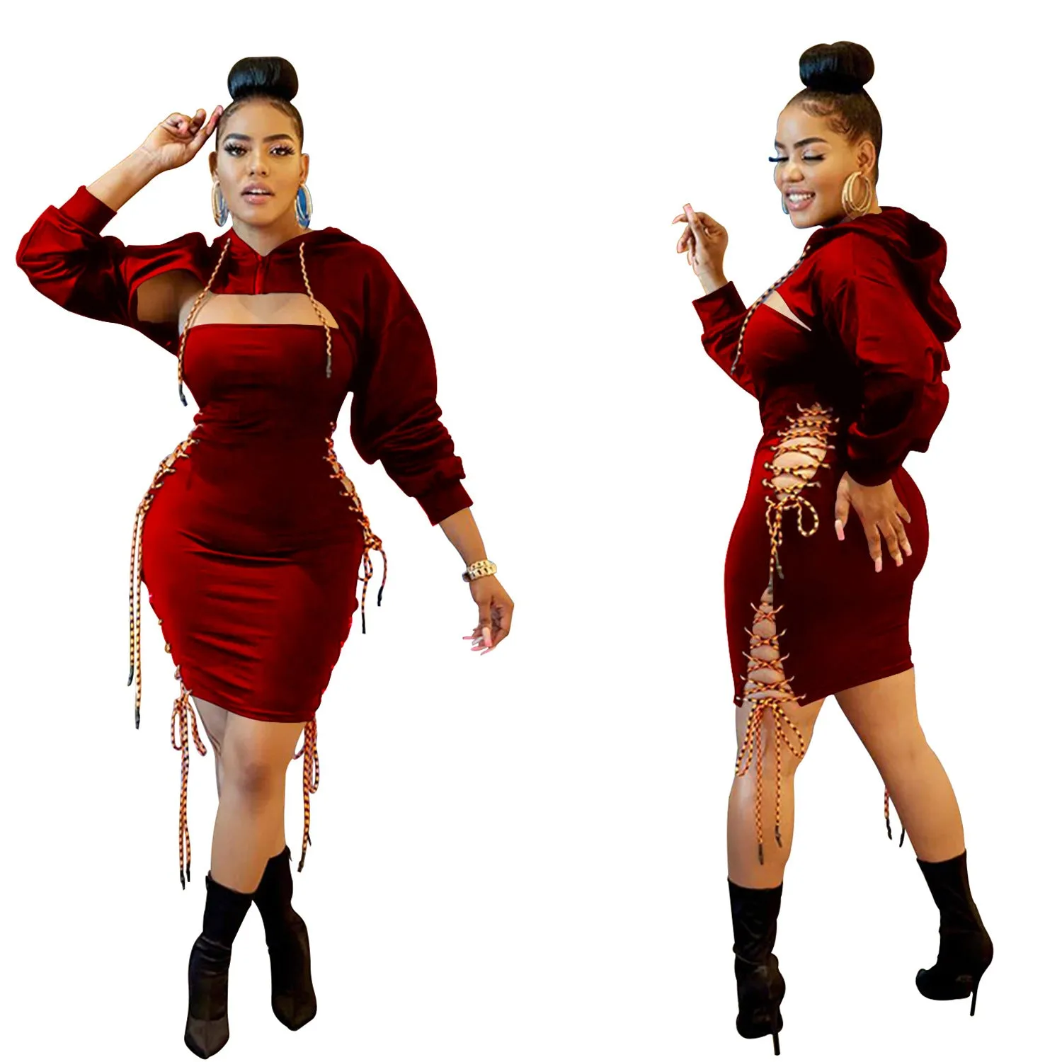 Fierce Hooded Cut-Out Bodycon Dress with Lace-Up Detailing