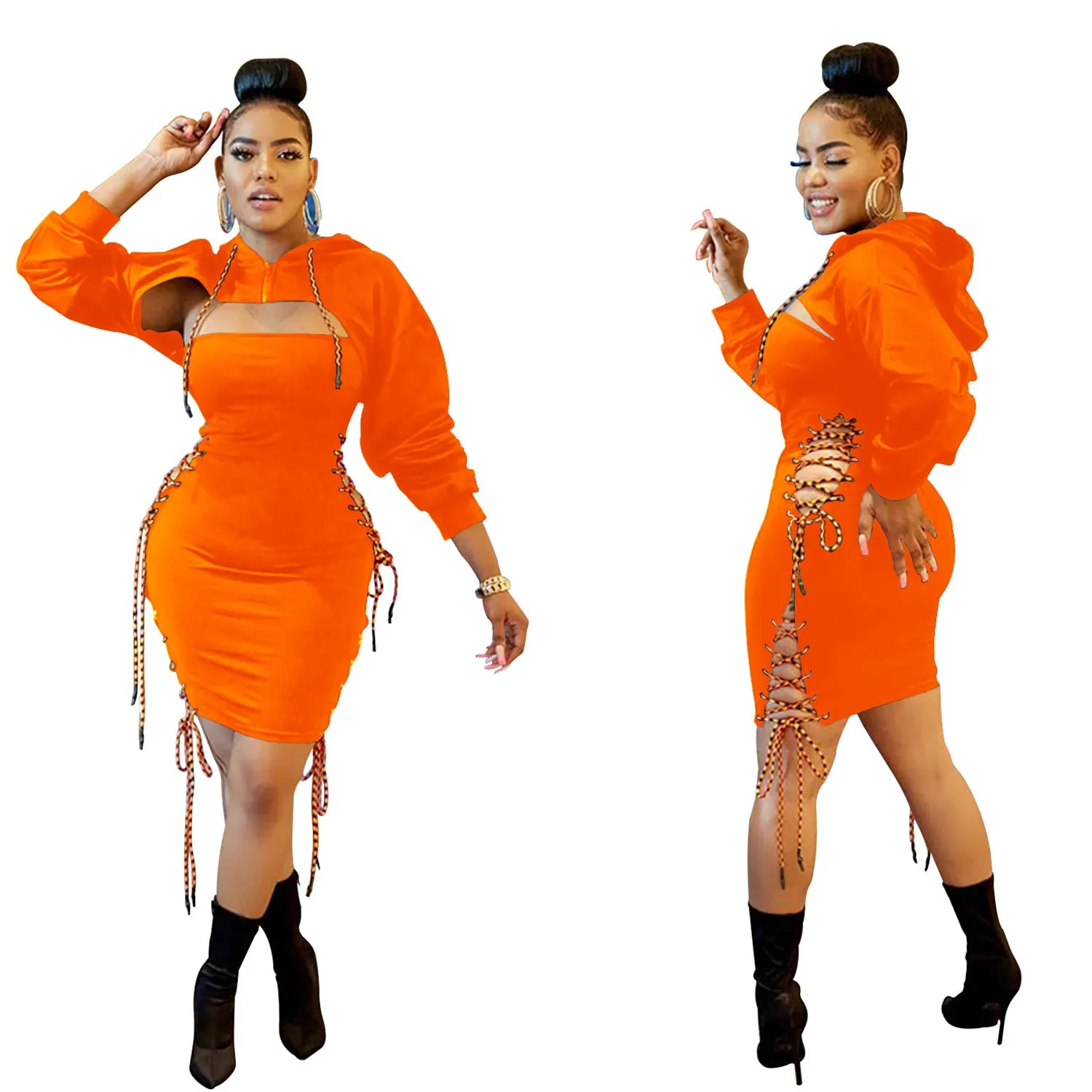 Fierce Hooded Cut-Out Bodycon Dress with Lace-Up Detailing