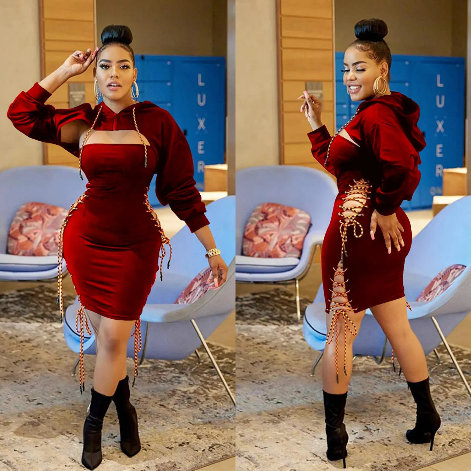 Fierce Hooded Cut-Out Bodycon Dress with Lace-Up Detailing