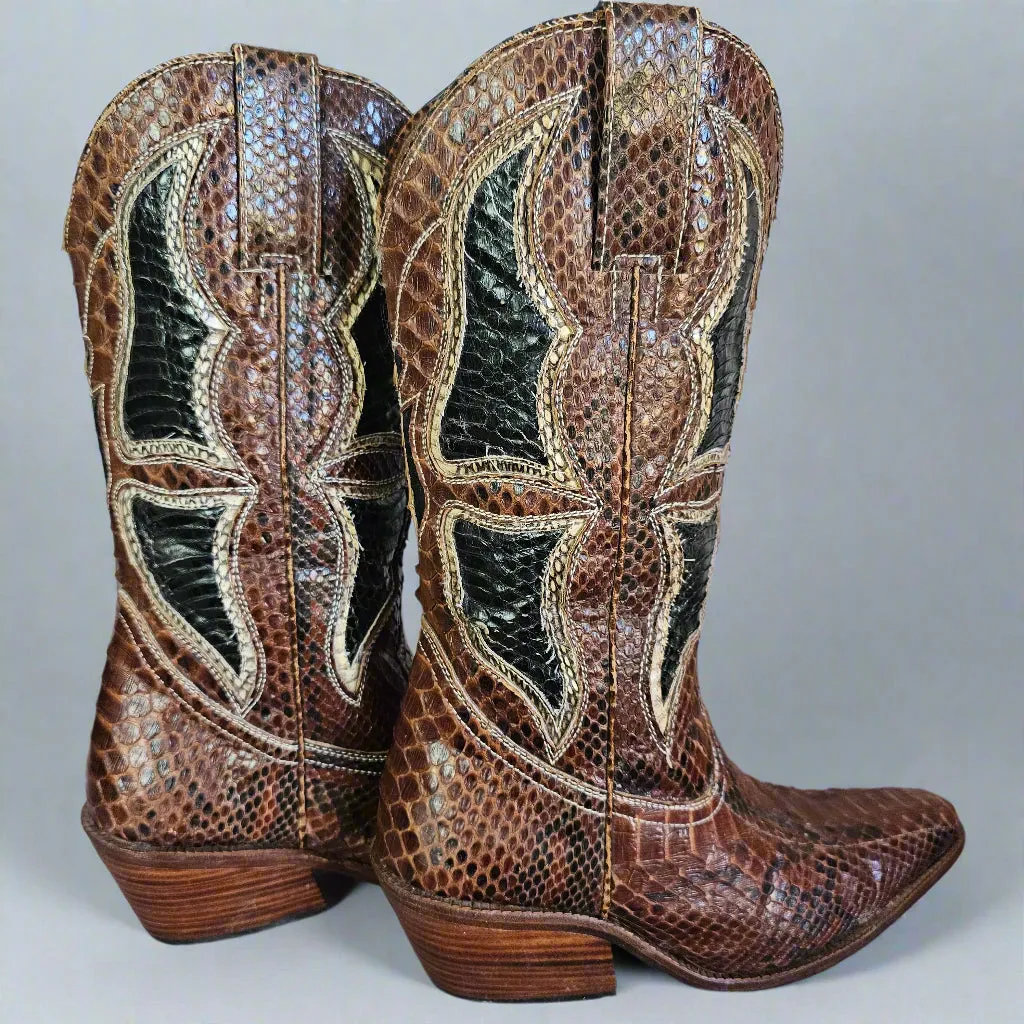 Genuine Snakeskin Cowboy Boots – Two-Tone Vintage Western Style – Size 8.5/9