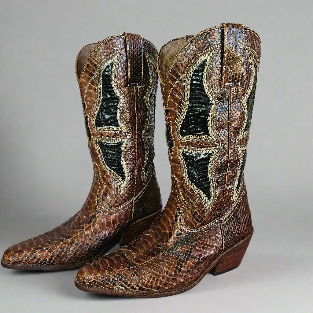 Genuine Snakeskin Cowboy Boots – Two-Tone Vintage Western Style – Size 8.5/9