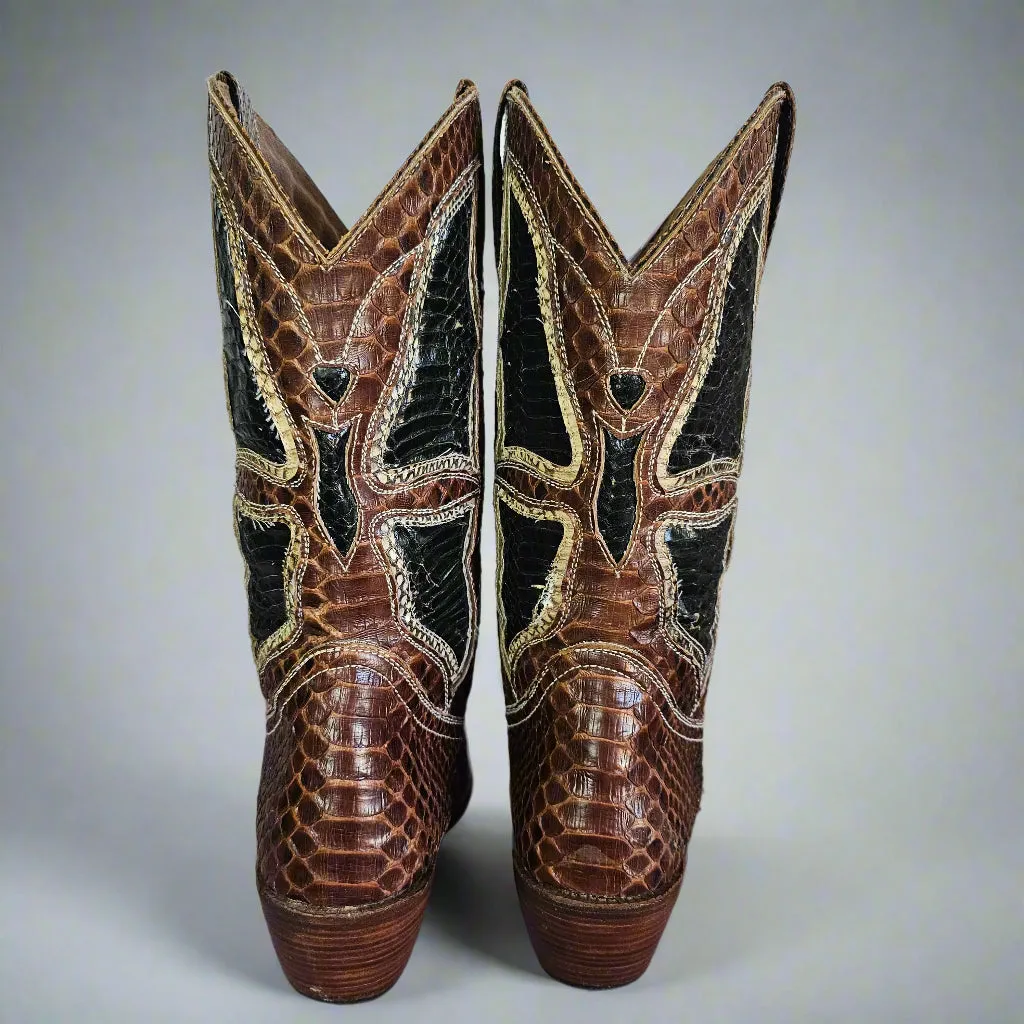 Genuine Snakeskin Cowboy Boots – Two-Tone Vintage Western Style – Size 8.5/9
