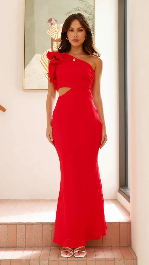 Glamorous One-Shoulder Ruffle Cutout Bodycon Evening Gown