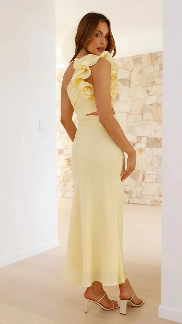 Glamorous One-Shoulder Ruffle Cutout Bodycon Evening Gown
