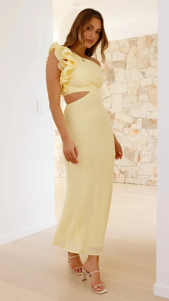 Glamorous One-Shoulder Ruffle Cutout Bodycon Evening Gown