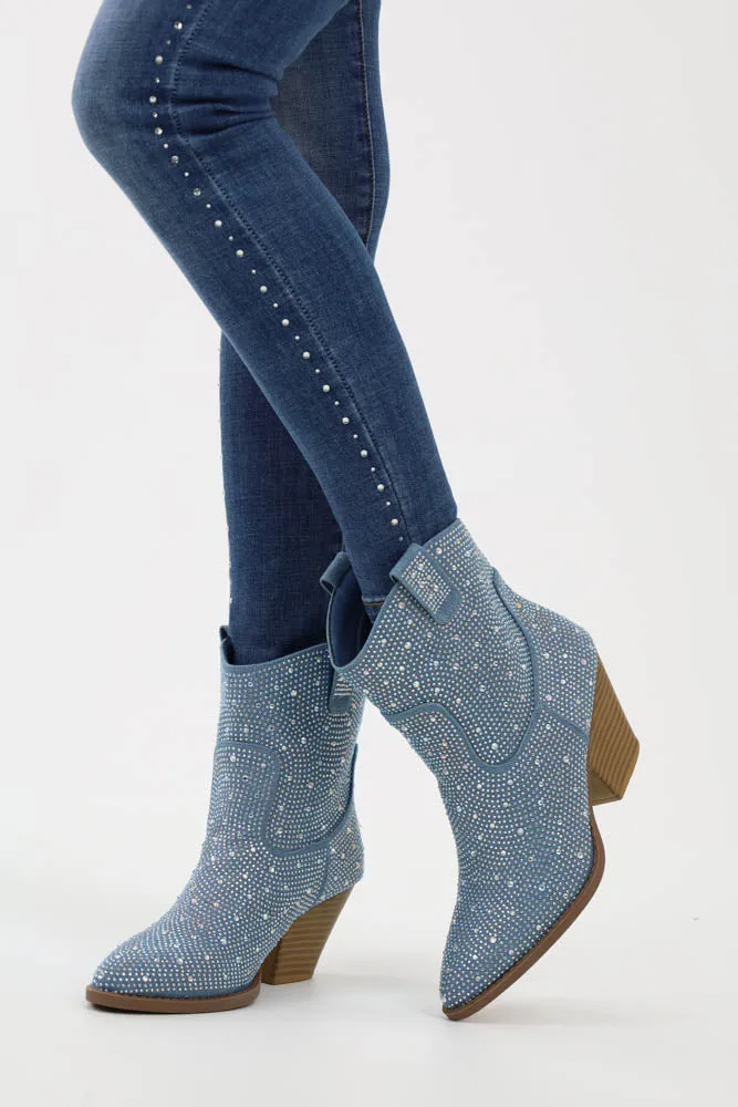 Glitter Rhinestone Booties -Blue