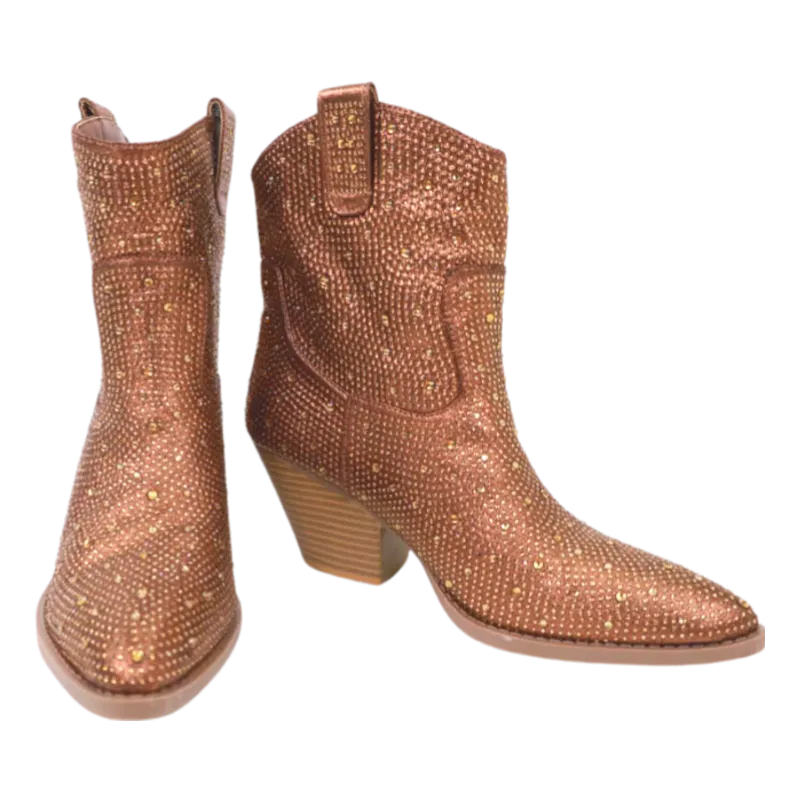 Glitter Rhinestone Booties -Brown