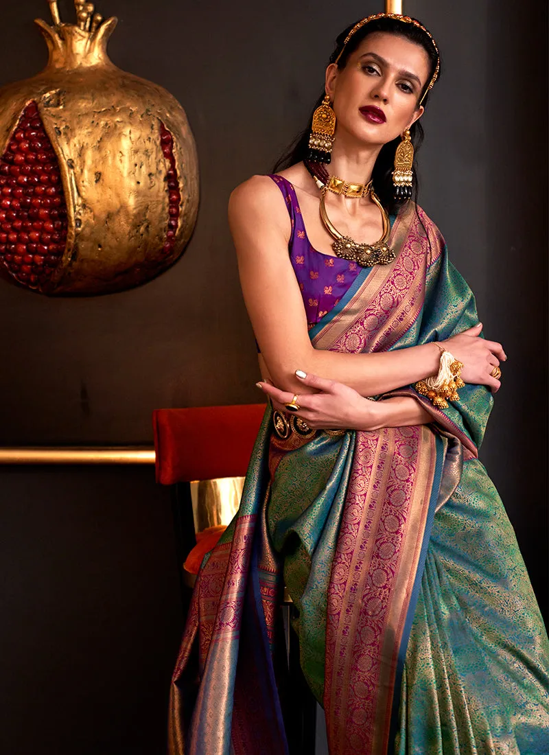 Green And Purple Zari Weaved Handloom Silk Saree