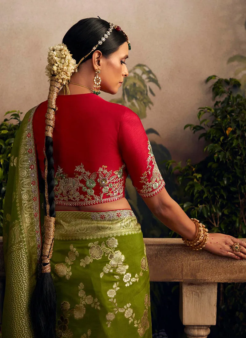 Green Multi Embroidered Traditional Silk Saree