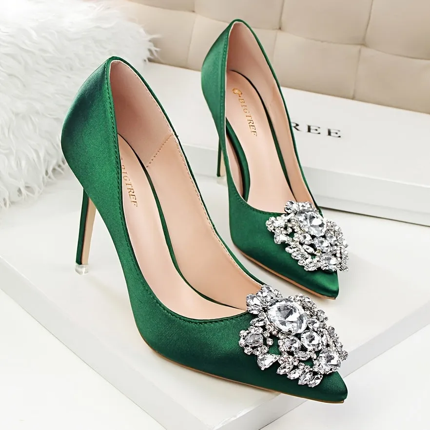 Green Satin Rhinestone Pointed Toe High Heels