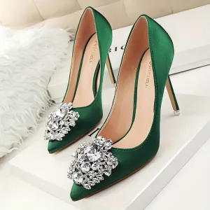 Green Satin Rhinestone Pointed Toe High Heels