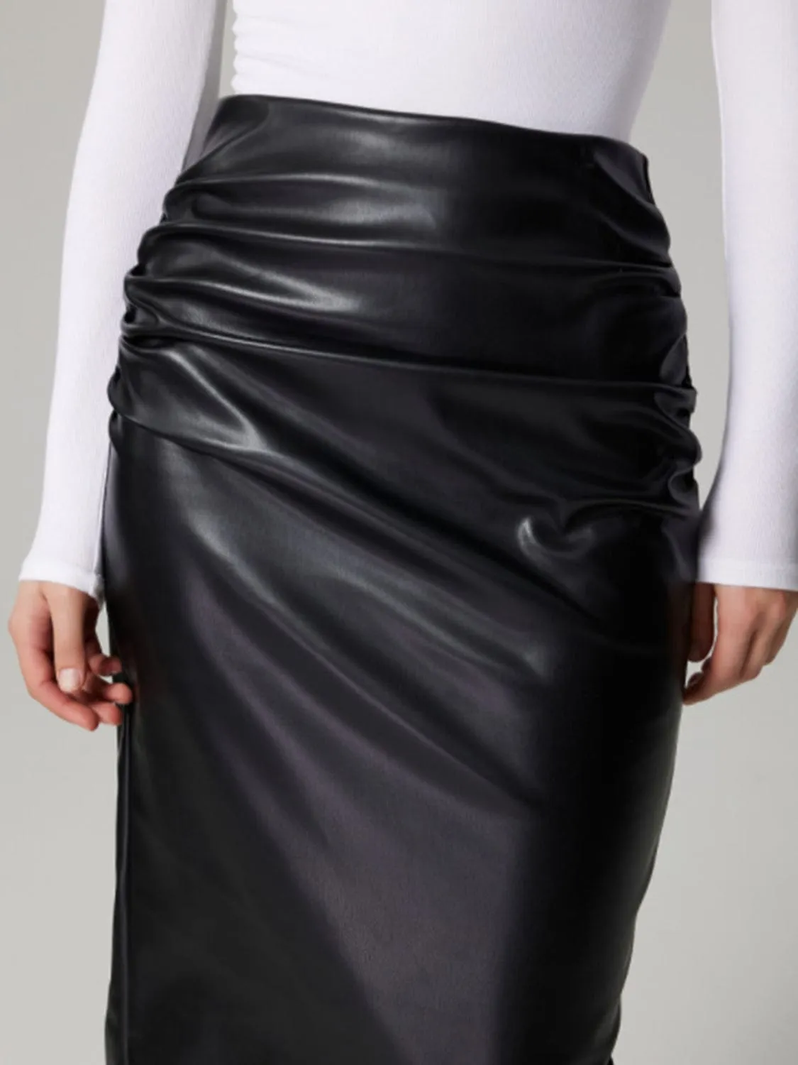 GYPSY - Faux Leather Slit Back Ruched Midi Skirt