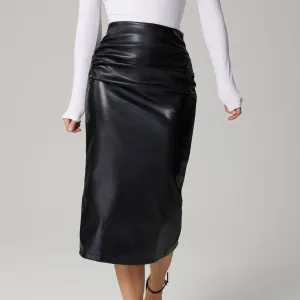 GYPSY - Faux Leather Slit Back Ruched Midi Skirt