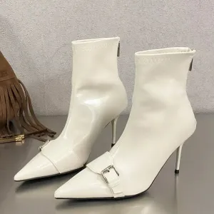 Handmade Slim-Fit Pointed Toe Women’s Ankle Boots with Zipper and Belt Buckle, Thin High Heels