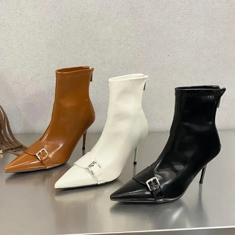 Handmade Slim-Fit Pointed Toe Women’s Ankle Boots with Zipper and Belt Buckle, Thin High Heels