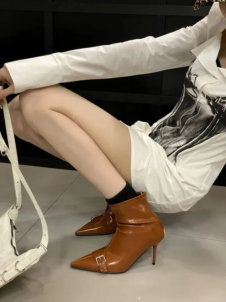 Handmade Slim-Fit Pointed Toe Women’s Ankle Boots with Zipper and Belt Buckle, Thin High Heels