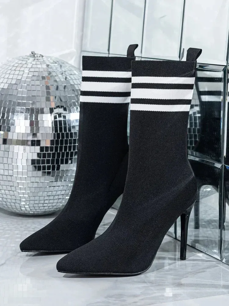 Handmade Street Style Pointed Toe Women’s Ankle Boots, Stretch Fabric Socks, Sexy Thin High Heels for Party & Prom