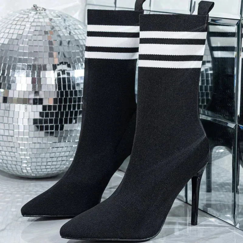 Handmade Street Style Pointed Toe Women’s Ankle Boots, Stretch Fabric Socks, Sexy Thin High Heels for Party & Prom