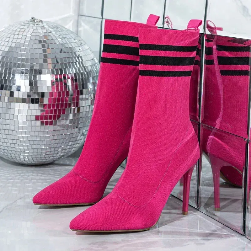 Handmade Street Style Pointed Toe Women’s Ankle Boots, Stretch Fabric Socks, Sexy Thin High Heels for Party & Prom