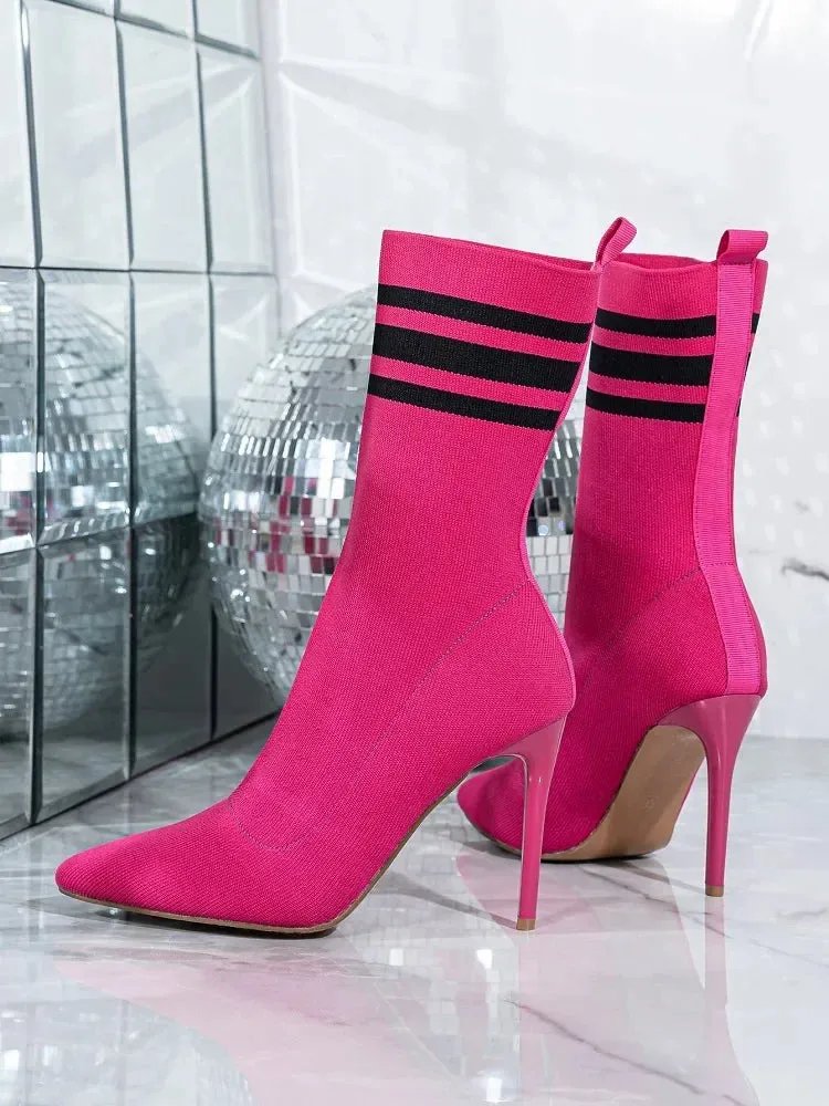 Handmade Street Style Pointed Toe Women’s Ankle Boots, Stretch Fabric Socks, Sexy Thin High Heels for Party & Prom