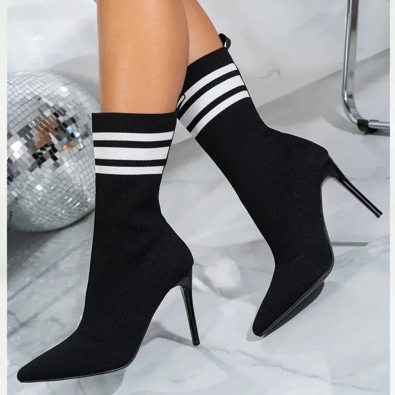 Handmade Street Style Pointed Toe Women’s Ankle Boots, Stretch Fabric Socks, Sexy Thin High Heels for Party & Prom