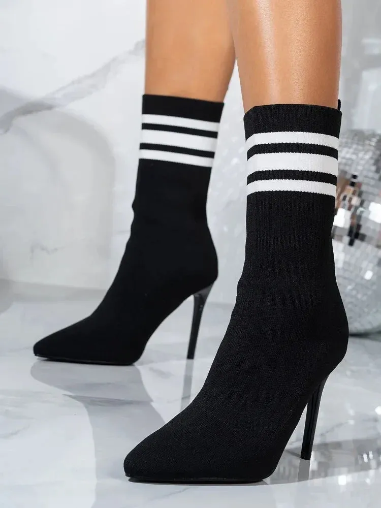 Handmade Street Style Pointed Toe Women’s Ankle Boots, Stretch Fabric Socks, Sexy Thin High Heels for Party & Prom