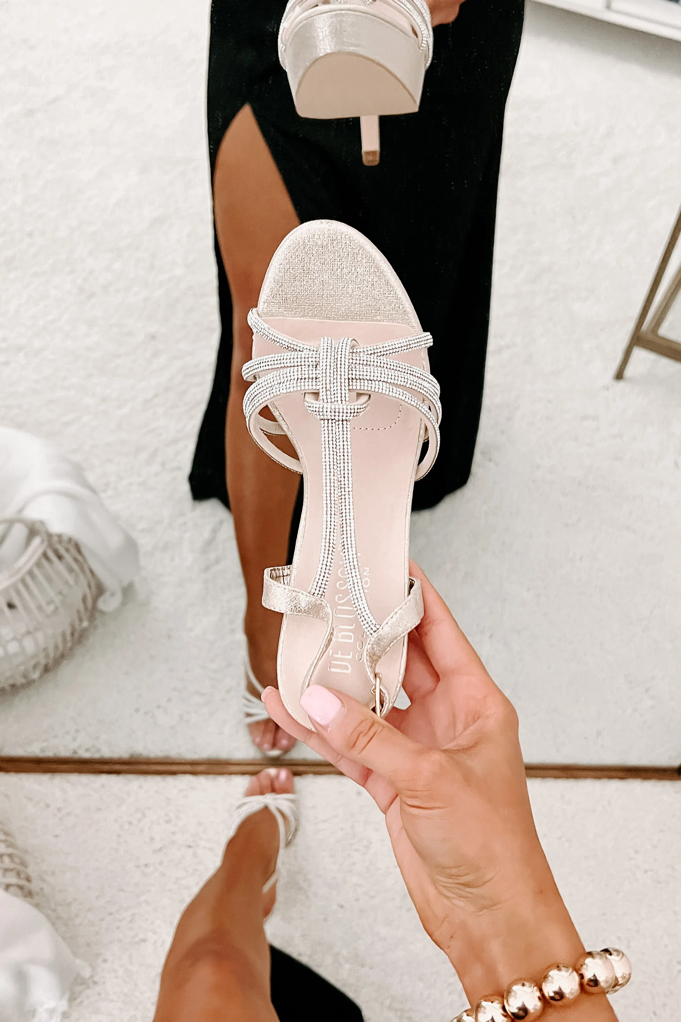 Having My Moment Rhinestone Strap Stiletto Heel (Gold Shimmer)
